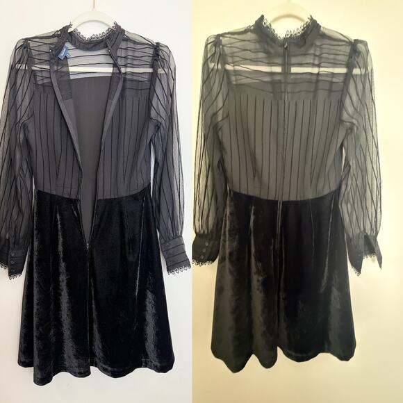 Black Velvet Mesh High Neck Dress | City Girl Goth Evening Vibes - Picture 3 of 13